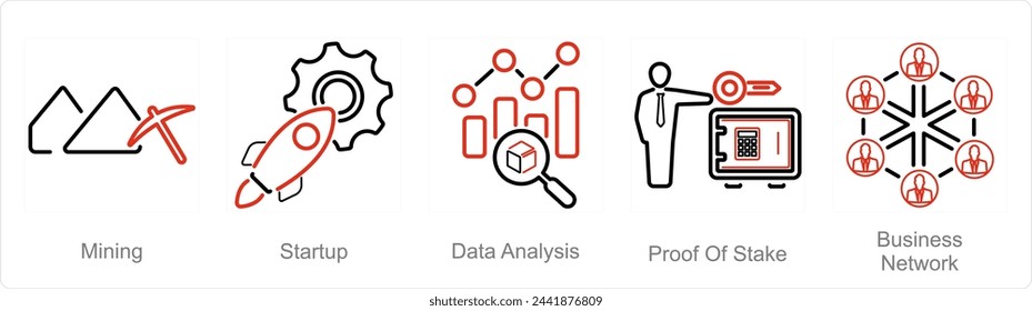 A set of 5 Blockchain icons as mining, startup, data analysis