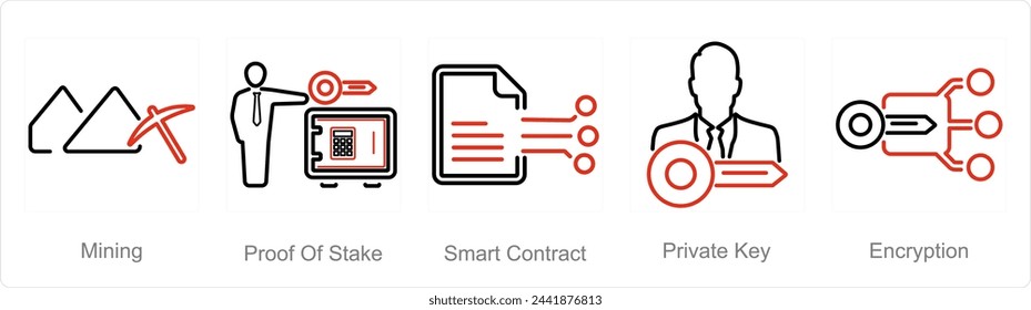 A set of 5 Blockchain icons as mining, proof of stake, smart contract