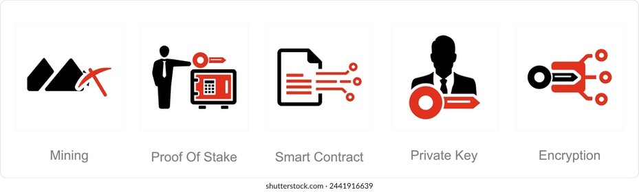 A set of 5 Blockchain icons as mining, proof of stake, smart contract