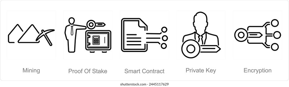 A set of 5 Blockchain icons as mining, proof of stake, smart contract