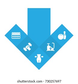 Set Of 5 Bodybuilding Icons Set.Collection Of Training Bicycle, Date, Bodybuilding And Other Elements.
