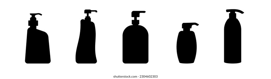 Conjunto de 5 iconos dispensadores de botellas, estilo de glifo plano, plantilla de diseño de clipart, aislado en fondo blanco