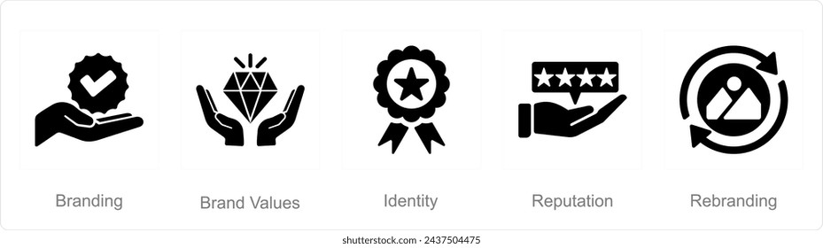 Eine Reihe von 5 Branding-Icons als Branding, Markenwerte, Identität