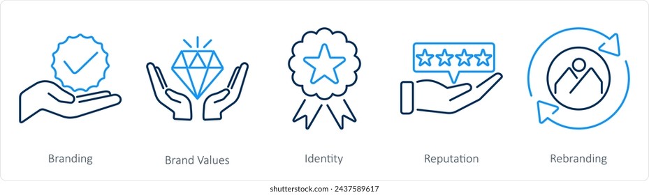 Un conjunto de 5 iconos de branding como branding, valores de marca, identidad