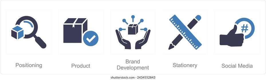 Un conjunto de 5 iconos de branding como posicionamiento, producto, desarrollo de marca