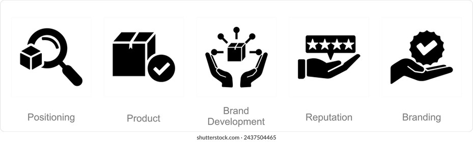 Un conjunto de 5 iconos de branding como posicionamiento, producto, desarrollo de marca