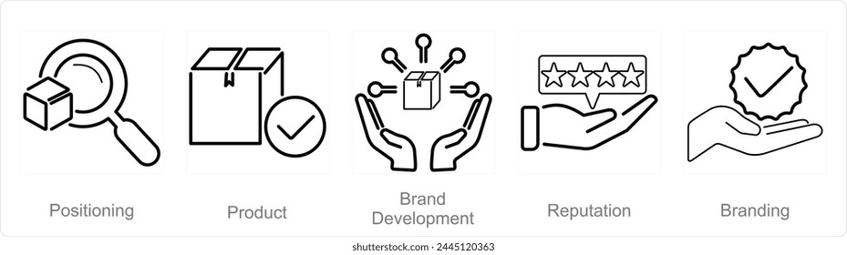 A set of 5 Branding icons as positioning, product, brand development