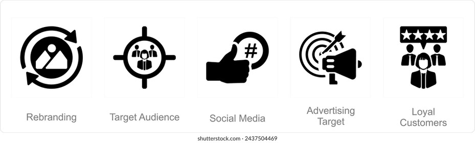 A set of 5 Branding icons as rebranding, target audience, social media