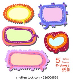 Set of 5 bright multicolored labels. Cute frames. Simple cartoon backgrounds. For notice, chat, page design, as comic bubble or tag. On white. Childish style.