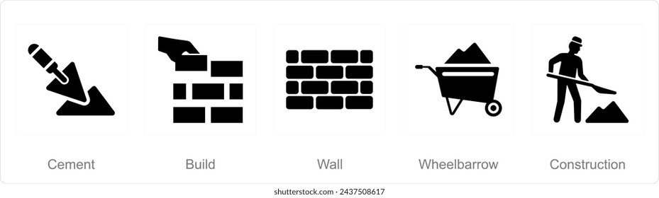 Un conjunto de 5 iconos de construcción como cemento, construcción, pared