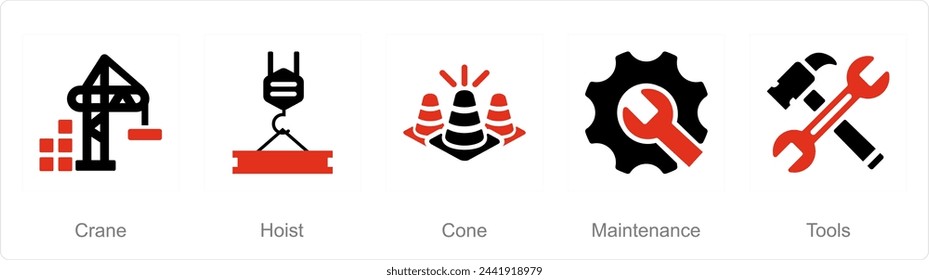 Ein Satz von 5 Build Icons als Kran, Hebezeug, Kegel