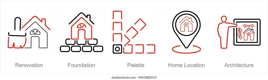 A set of 5 Build icons as renovation, foundation, palette