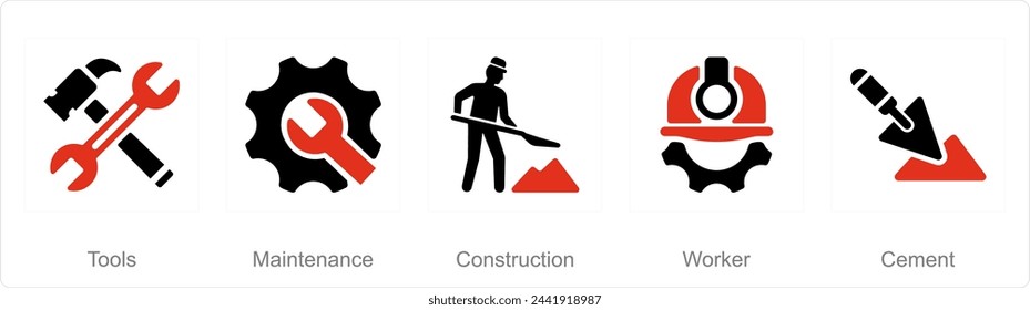 Un conjunto de 5 iconos de construcción como herramientas, mantenimiento, construcción