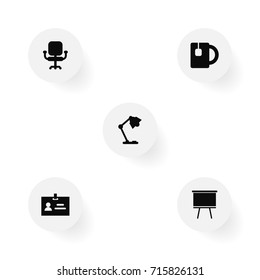 Set Of 5 Bureau Icons Set.Collection Of Airchair, Cup, Illuminator And Other Elements.