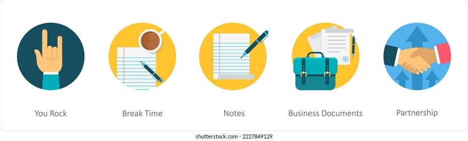 Eine Reihe von 5 flachen Icons für Unternehmen wie Rock, Pause und Zeit