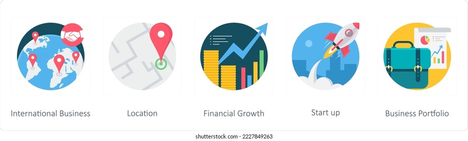 A set of 5 business flat icons such as international business, location