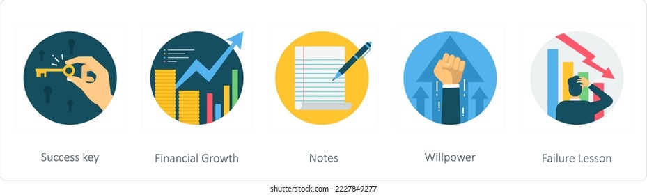 Un conjunto de 5 íconos fijos de negocios como clave de éxito, crecimiento financiero