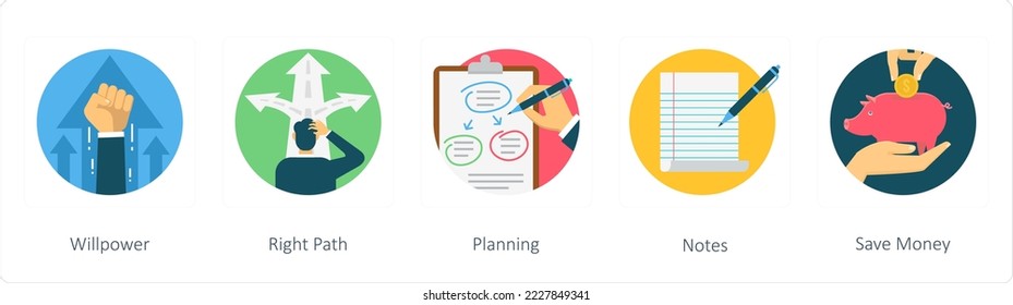 A set of 5 business flat icons such as will power, right path