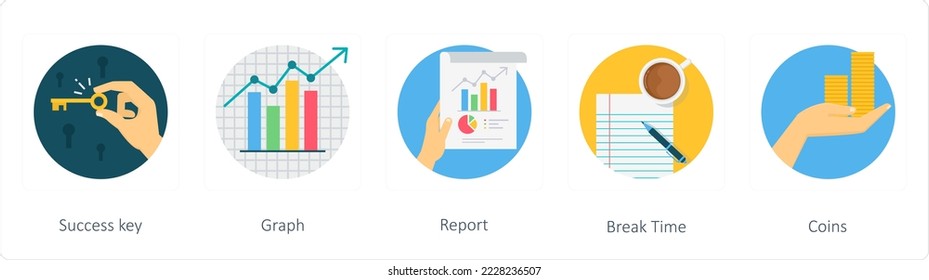A set of 5 business flat icons such as success key, graph