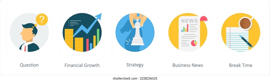 A set of 5 business flat icons such as question, financial growth