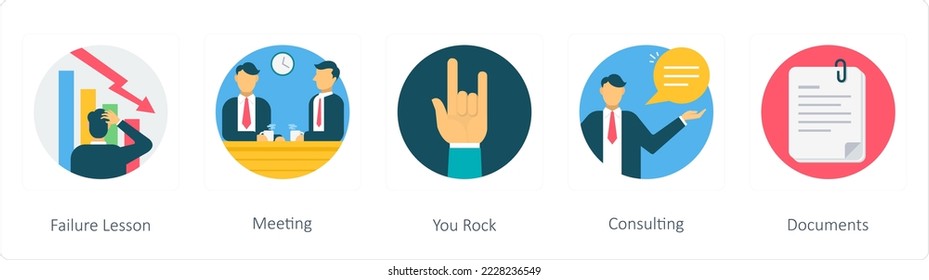 A set of 5 business flat icons such as failure lesson, meeting