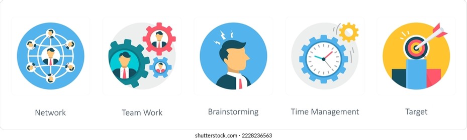 A set of 5 business flat icons such as network, team work, brainstorming