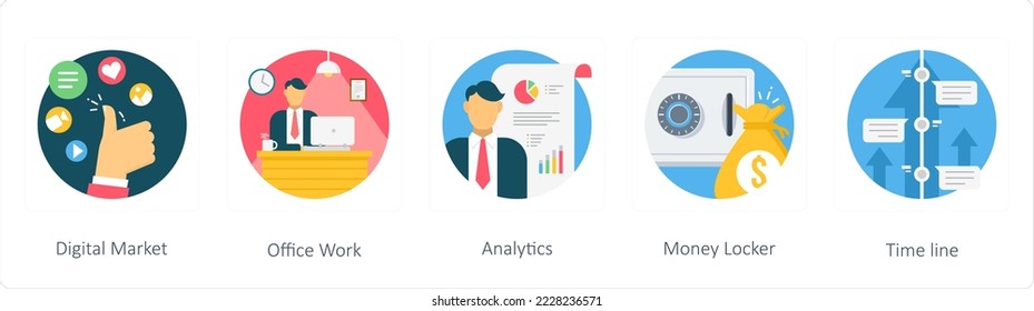 Un conjunto de 5 íconos planos empresariales como el mercado digital, el trabajo de oficina