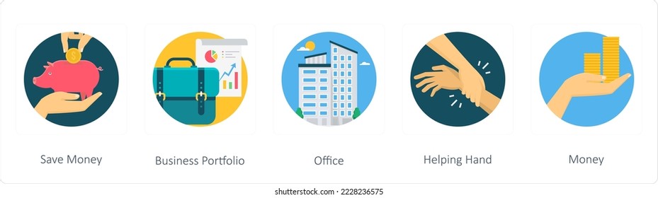 Eine Reihe von 5 flachen Icons für Unternehmen wie Sparen, Geschäftsportfolio