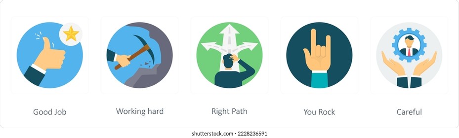 A set of 5 business flat icons such as good job, working hard