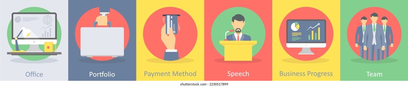 A set of 5 business flat icons such as office, portfolio, bag