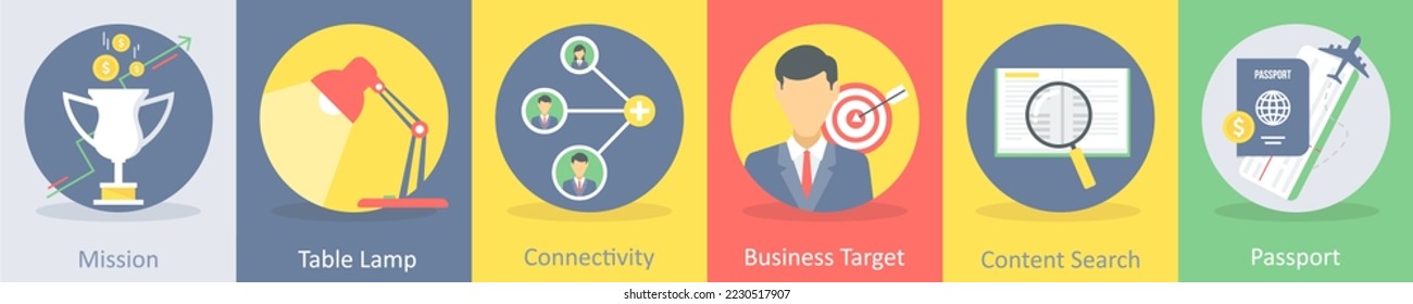 A set of 5 business flat icons such as mission, achievement, table lamp
