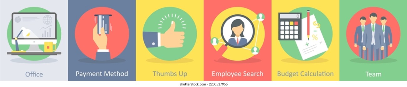 A set of 5 business flat icons such as office, payment method