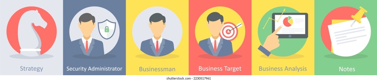 A set of 5 business flat icons such as strategy, plan, planning
