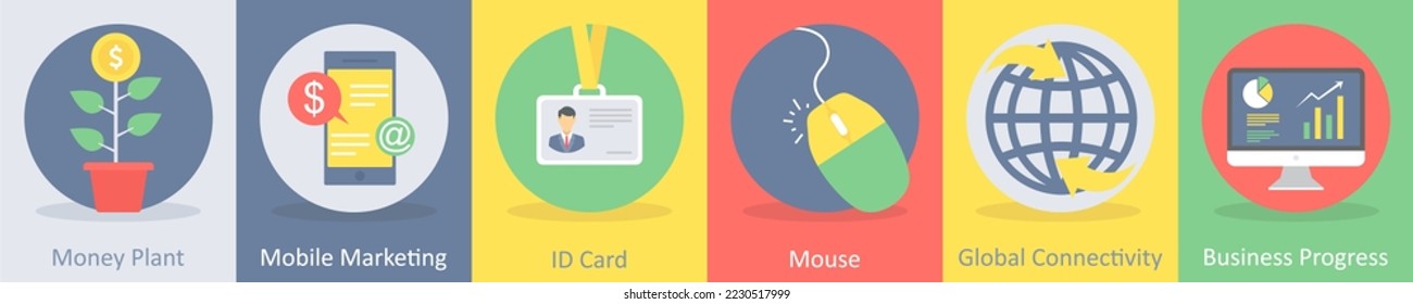 A set of 5 business flat icons such as money plant, mobile marketing