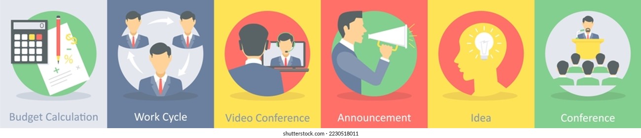 Un conjunto de 5 iconos planos empresariales, como el cálculo del presupuesto, el ciclo de trabajo