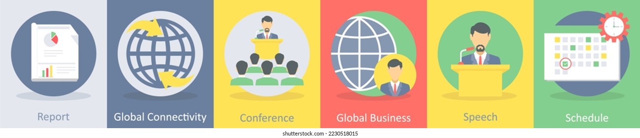 A set of 5 business flat icons such as report, global connectivity