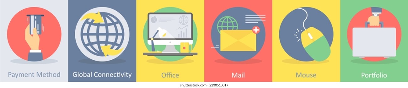 A set of 5 business flat icons such as payment method, global connectivity