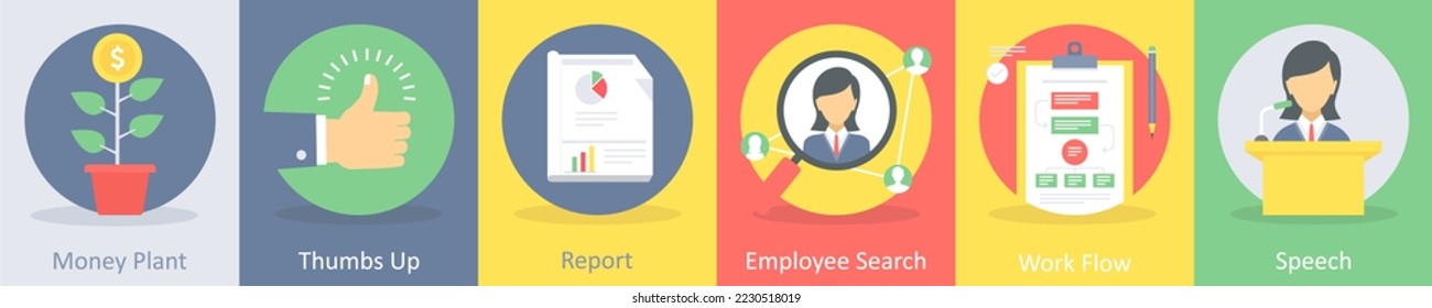 A set of 5 business flat icons such as money plant, thumbs up
