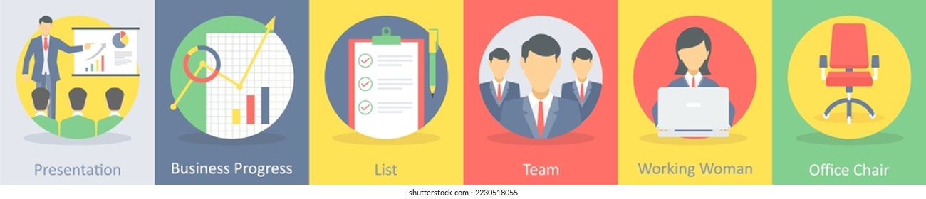 A set of 5 business flat icons such as presentation, meeting, business progress