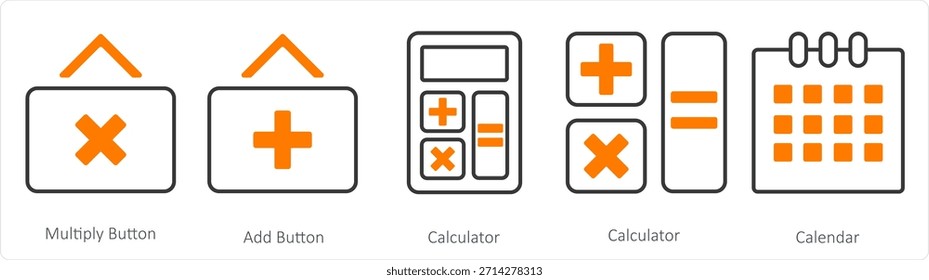 Ein Satz von 5 Geschäfts-Symbol als Multiplikator, Schaltfläche hinzufügen, Taschenrechner