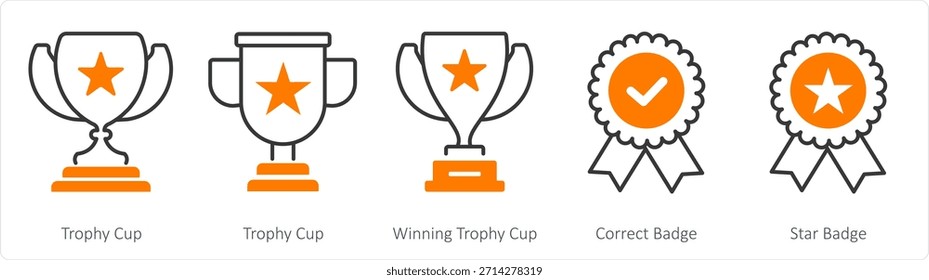 Un conjunto de 5 iconos de negocios como copa de trofeo, copa de trofeo ganadora, insignia correcta