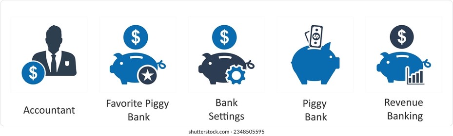 A set of 5 business icons as accountant, favorite piggy bank, bank savings