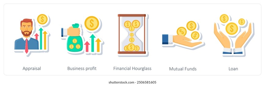 A set of 5 business icons as appraisal, business profit, financial hourglass,