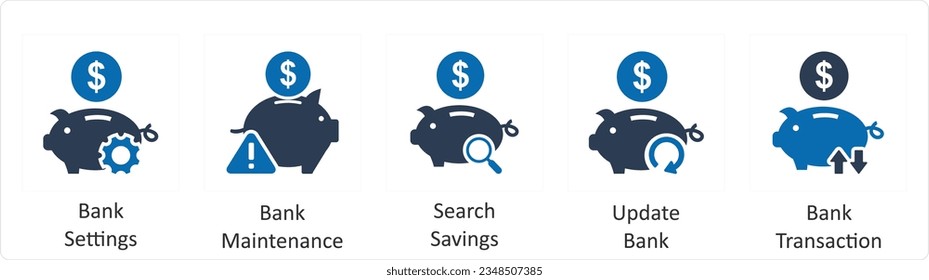 A set of 5 business icons as bank setting, bank maintenance, search savings