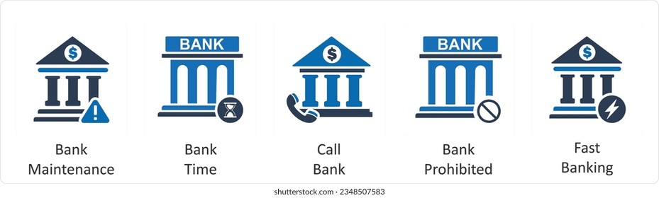 A set of 5 business icons as bank maintenance, bank time, call bank