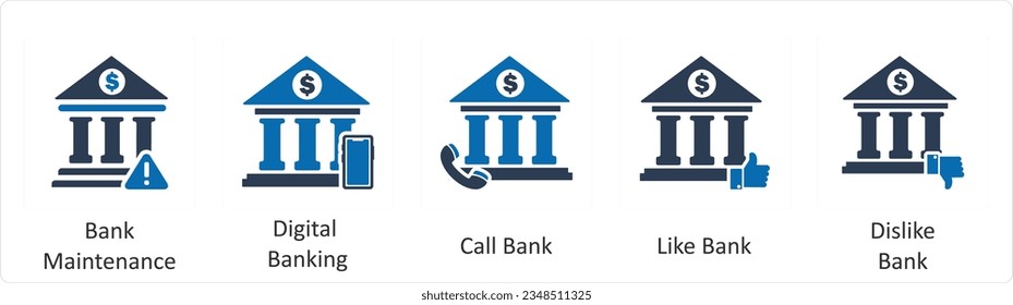 A set of 5 business icons as bank maintenance, digital banking, call bank