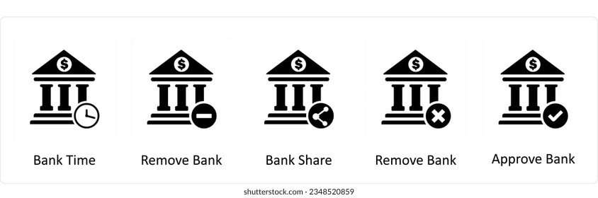 A set of 5 business icons as bank time, remove bank, bank share