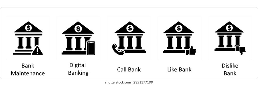 A set of 5 business icons as bank maintenance, digital banking, call bank