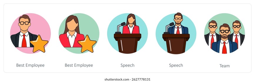 A set of 5 business icons as best employee, speech, team