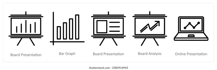 A set of 5 business icons as board presentation, bar graph, board analysis